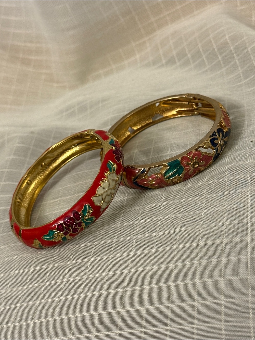 Gold-Tone Floral Enamel Bangle Bracelet Pair